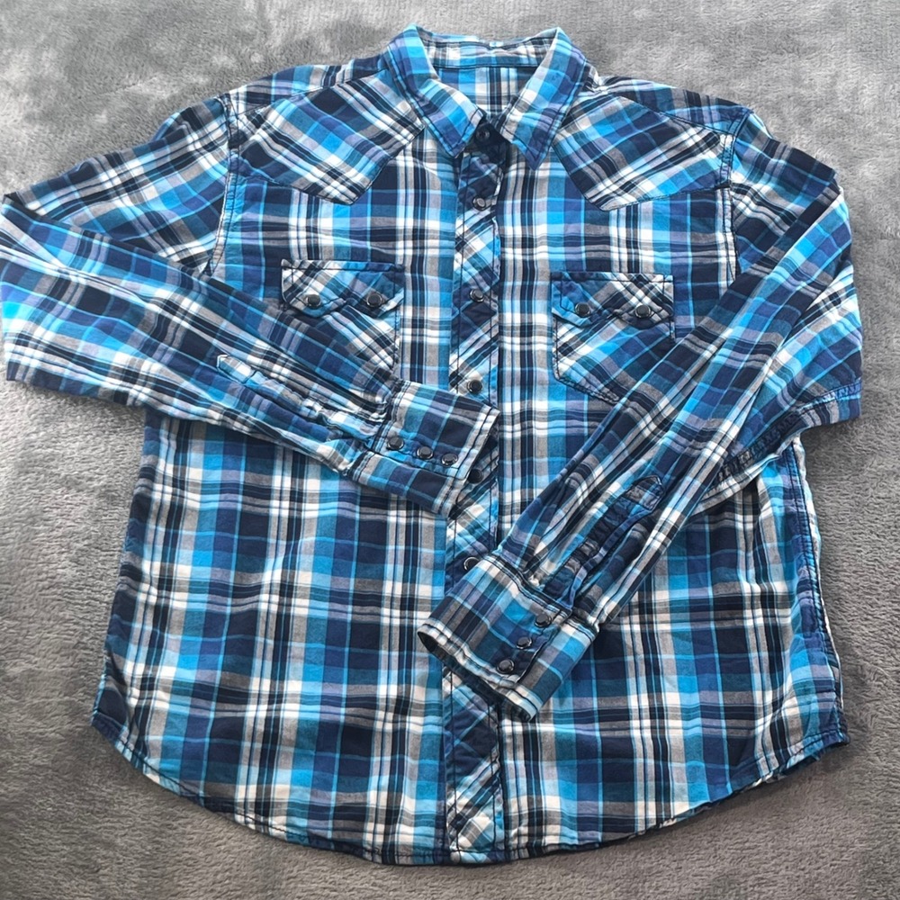 Arizona Jean Co Mens Blue Plaid Western Long Sleeve Snap Button Shirt L